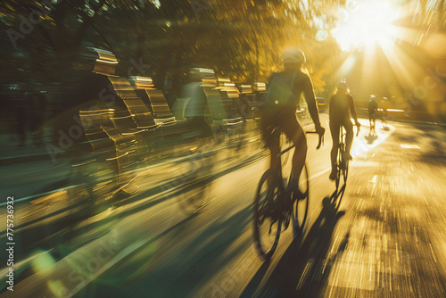 Scene of cyclists and joggers on a city path, with a dynamic motion blur effect emphasizing speed and the early morning rush photo