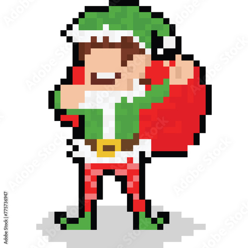Pixel art cartoon christmas elf character with red gift bag