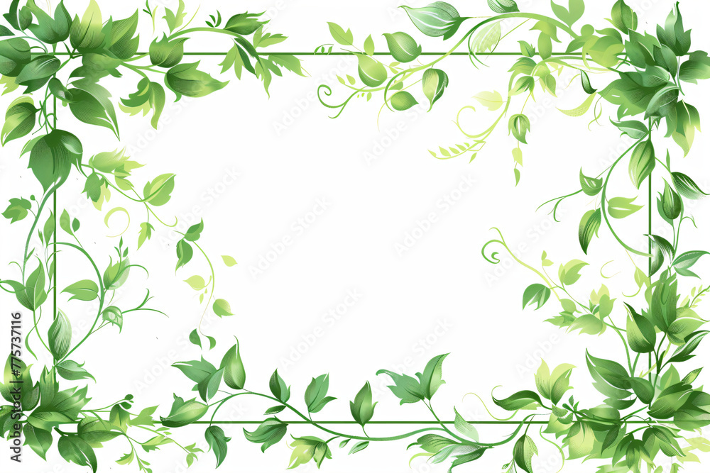 Botanical illustration border with greenery and splatter on white background. Watercolor foliage frame with copy space. Design concept suitable for invitations, posters, and greeting cards