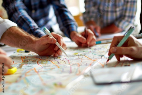 Close-up of a group's hands with pens on a detailed map, planning routes and strategizing for efficient travel and logistics.