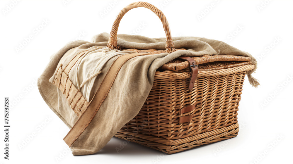 Wicker picnic basket with beige blanket over white background.