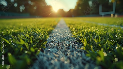 Zoom in on the grass blades of a football field, crushed beneath the weight of sprinting athletes. photo
