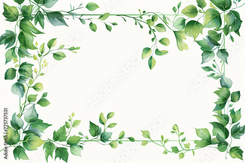 Botanical illustration border with greenery and splatter on white background. Watercolor foliage frame with copy space. Design concept suitable for invitations  posters  and greeting cards