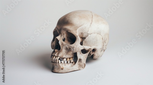 Craft a striking image of a human skull placed on a pristine white background 