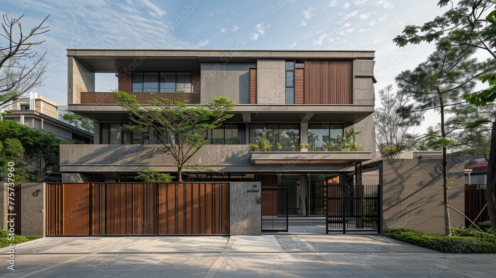 a gray two-story house nestled behind a protective fence, equipped with automatic sliding brown gates, the seamless integration of aesthetics and security in contemporary suburban architecture.