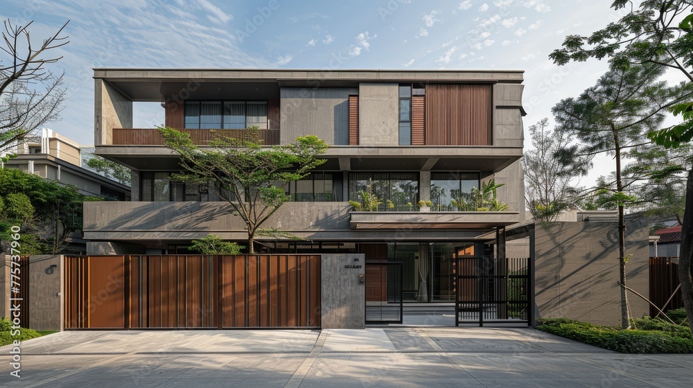Fototapeta premium a gray two-story house nestled behind a protective fence, equipped with automatic sliding brown gates, the seamless integration of aesthetics and security in contemporary suburban architecture.