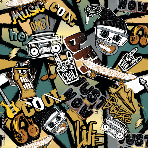 Abstract seamless cartoon pattern for kids, teenagers, fashion textile, clothes, wrapping paper. Repeated print with monsters doodle characters, graffiti text, music elements, lightning, guitar