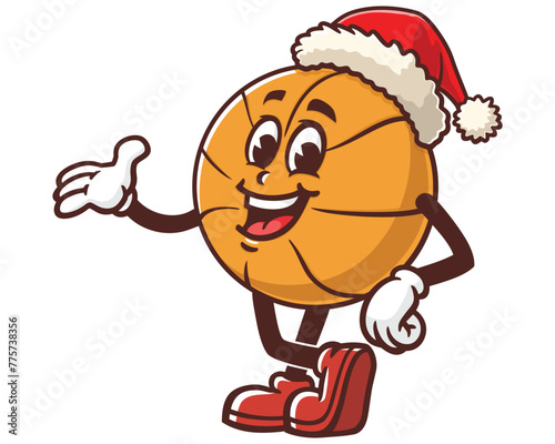 Basketball wearing a Christmas hat cartoon mascot illustration character vector clip art hand drawn