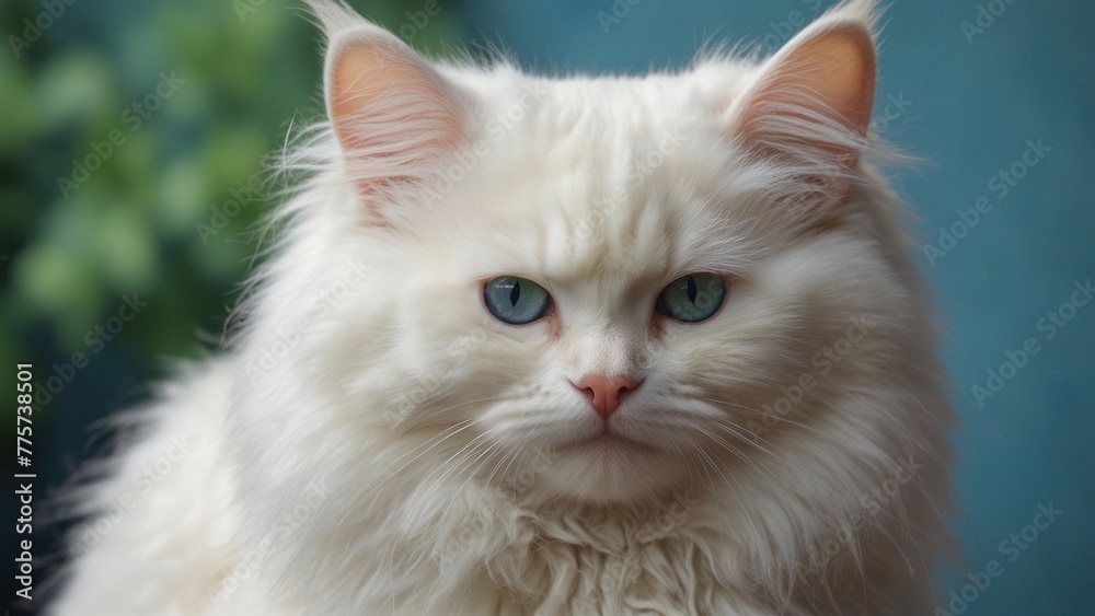 White cat on a blue background with different colored eyes, one green, one blue