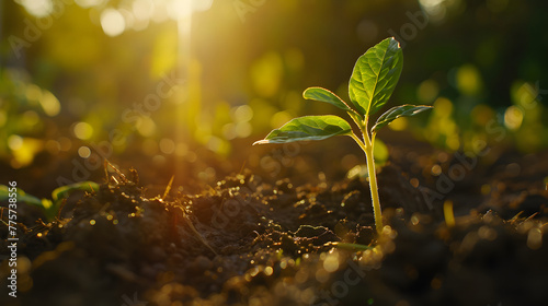 small plants growing sunrise morning sunligh,earth day, and environment day concept photo
