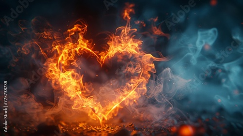 Fiery heart shape amid mystical smoke and embers