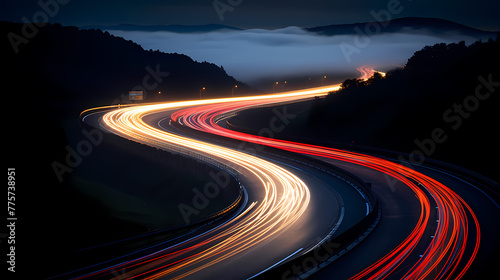 Illuminated path on curved road at night, night traffic route, motion blur