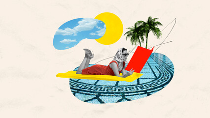 Contemporary art collage. Abstract artwork. Girl enjoys summer day lying on sun lounger in light dress and reading book on edge of pool. Concept of summertime holidays, inspiration, travel, vacation.