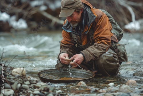 Gold Panning Enthusiast Sifting Through River Sediment, Hoping to Discover Flakes of Precious Metal, Generative AI