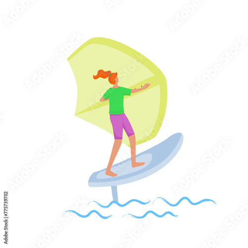 Woman standing on a board, holds onto a wing and moves the board across the water. Wing foiling sport. Vector isolated color illustration.
