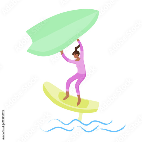 Woman standing on a board, holds onto a wing and moves the board across the water. Wing foiling sport. Vector isolated color illustration.