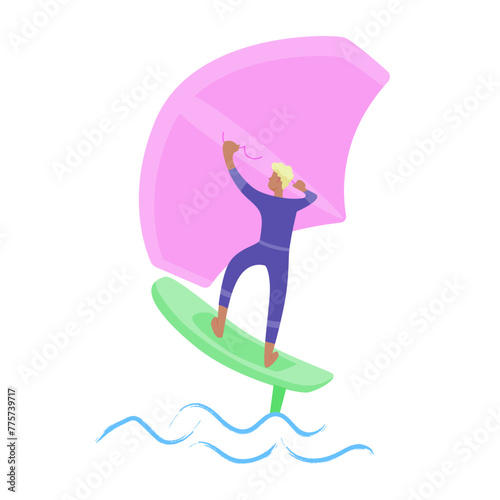 Man standing on a board, holds onto a wing and moves the board across the water. Wing foiling sport. Vector isolated color illustration.