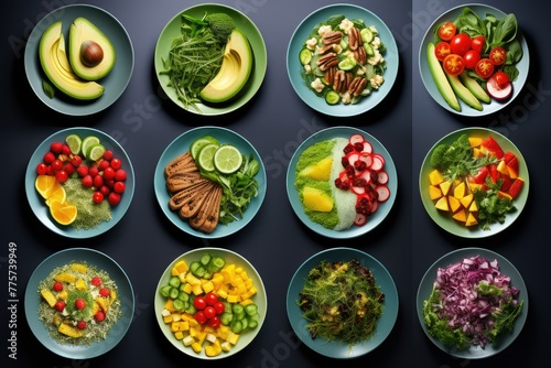 Various plates filled with a colorful assortment of fresh and flavorful food items, including salads and main dishes. Generative AI