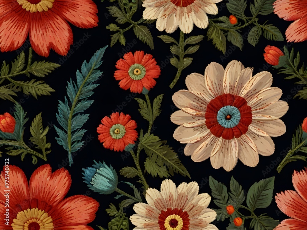 A seamless pattern of folk-style embroidered flowers on a rustic background, generative AI