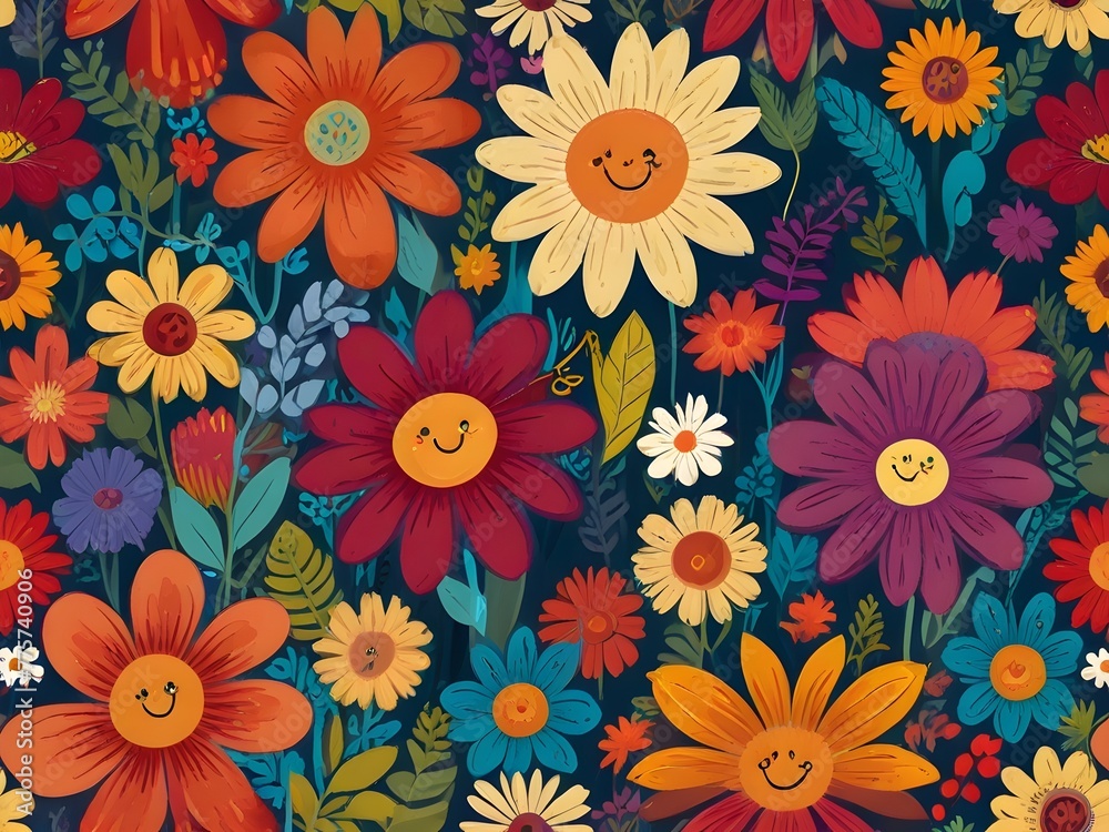 A seamless pattern of playful, cartoon flowers with happy faces and bright colors, generative AI A seamless pattern of playful, cartoon flowers with happy faces and bright colors, generative AI