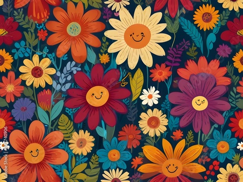 A seamless pattern of playful  cartoon flowers with happy faces and bright colors  generative AI