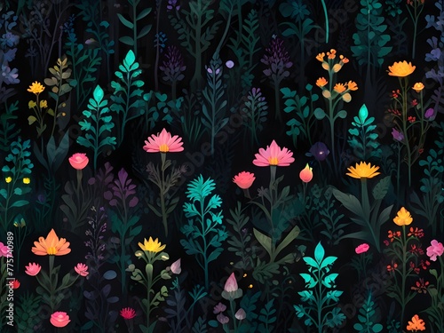 Seamless, enchanted forest flower pattern with magical, glowing flora, generative AI