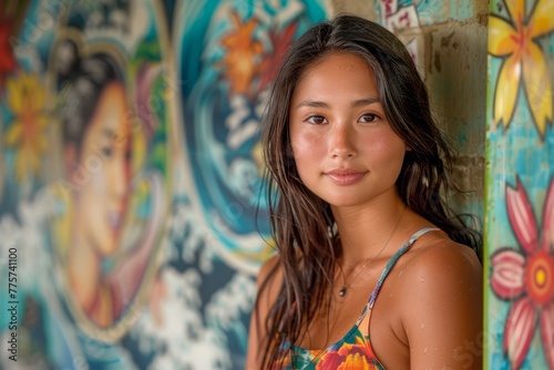 Portrait of a Young Woman with Colorful Graffiti Art Background, Urban Street Style, Expressive Youth Culture