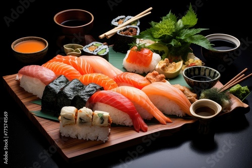 A wooden board is full of a colorful array of sushi rolls, including maki, nigiri, and sashimi. Generative AI