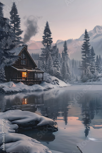 Fairytale Winter Landscape with Cozy Wooden Cabin by the Frozen Lakeside