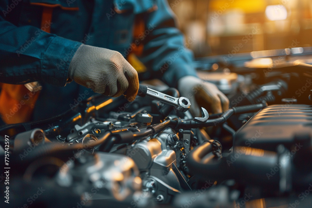 A worker meticulously repairing a car engine with a wrench tool, A worker meticulously repairing a car engine with a wrench tool,