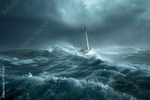 A raging storm swirling over the choppy waters with a lone sailboat braving the elements,