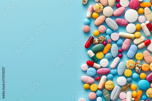 A collection of various medications and pills artistically arranged on a turquoise backdrop, representing medical diversity and options.
