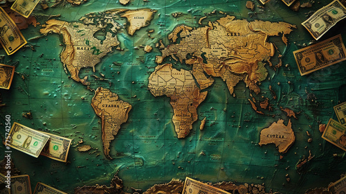 A visually captivating digital artwork that incorporates elements of currency exchange in a world map setting,