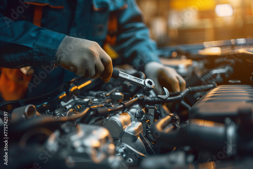 A worker meticulously repairing a car engine with a wrench tool,