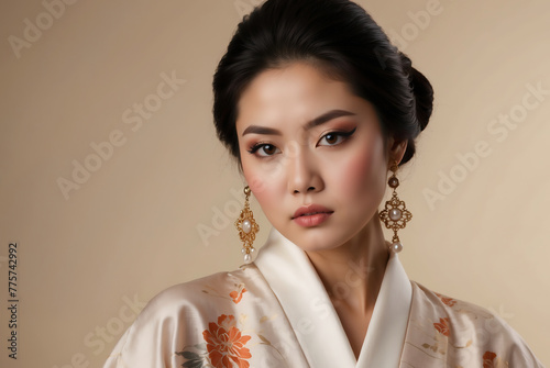 Porträt einer eleganten japanischen jungen Frau im traditionellen Kimono