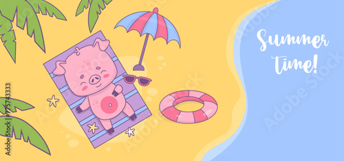 Summer time horizontal poster. Happy pig beachgoer sunbathing on tropical shore under palm leaves. Cute funny beach holiday animal character. Vector illustration