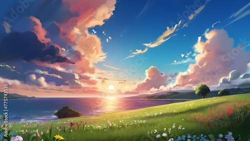 Anime fantasy wallpaper background concept : Breathtaking summer sunset paints the sky with vibrant colors over a rural landscape of rolling green fields and a winding river, generative ai