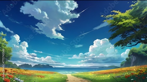 Anime fantasy wallpaper background concept : A scenic landscape with a grassy field bathed in sunlight under a bright blue sky, generative ai