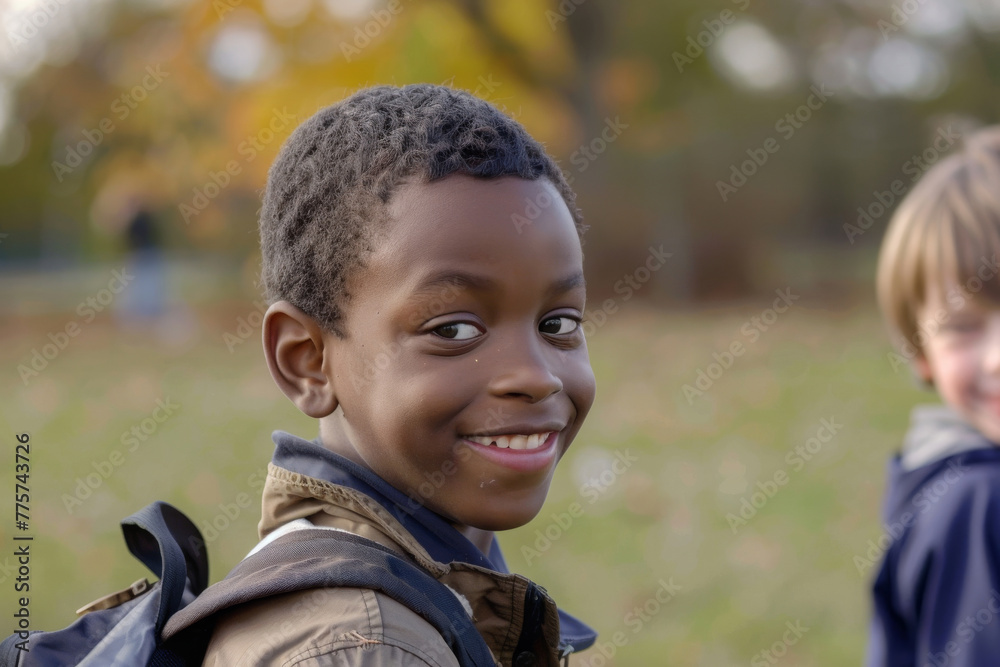 Young African American boy with a backpack, smiling on his way back to school, captures the excitement of a new school year Young African American boy with a backpack, smiling on his way back to school, captures the excitement of a new school year