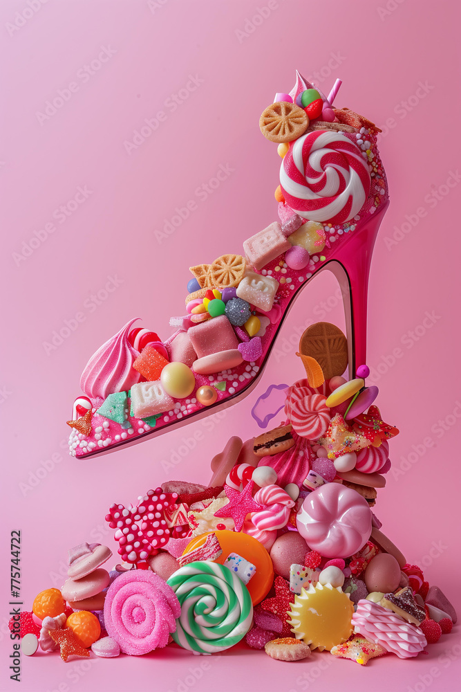 high hills shoes made of candy and sweets isolated on pink background