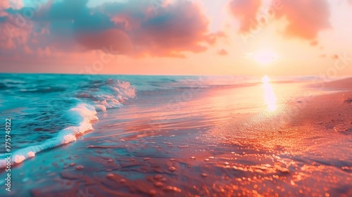 The sun sets over the vast ocean, casting a warm glow on the sandy beach