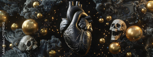 3d black human heart made of metal floating in space, surrounded by golden spheres and skulls