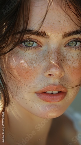 The soft glow of sunlight caresses a woman's flawless complexion, accentuating her natural beauty. Every freckle and imperfection tells a tale of resilience and authenticity.