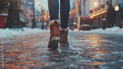 A person walking down a street covered in snow, captured from the back view showcasing a close-up of a womans leg photo