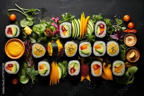 A variety of vegan sushi rolls and sashimi are arranged neatly on a black surface. Generative AI