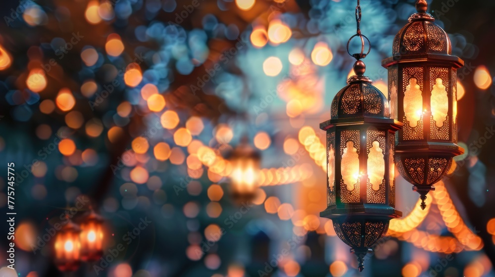 Traditional Arabic lantern lit up for celebrating Eid, Bokeh lights surrounding