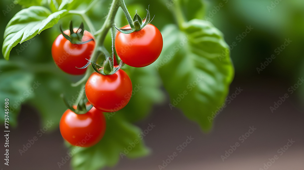 Ripe tomato plant growing in greenhouse. Tasty red heirloom tomatoes. Blurry background and copy space