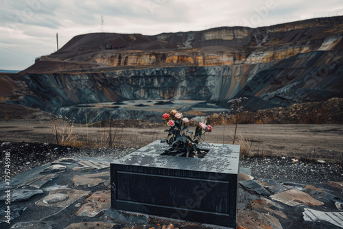 Miner's Memorial Monument Honoring Those Who Lost Their Lives in Mining Accidents, With Names Engraved on a Stone Monument Against a Backdrop of Mine Shafts, Generative AI