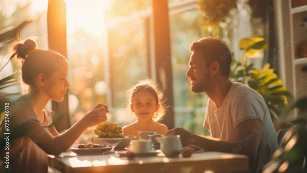 A Happy Beautiful Cute Girl Having Breakfast With Her Family