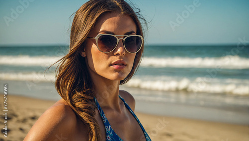 beautiful woman wearing a bikini is enjoying a day at the sunny beach
